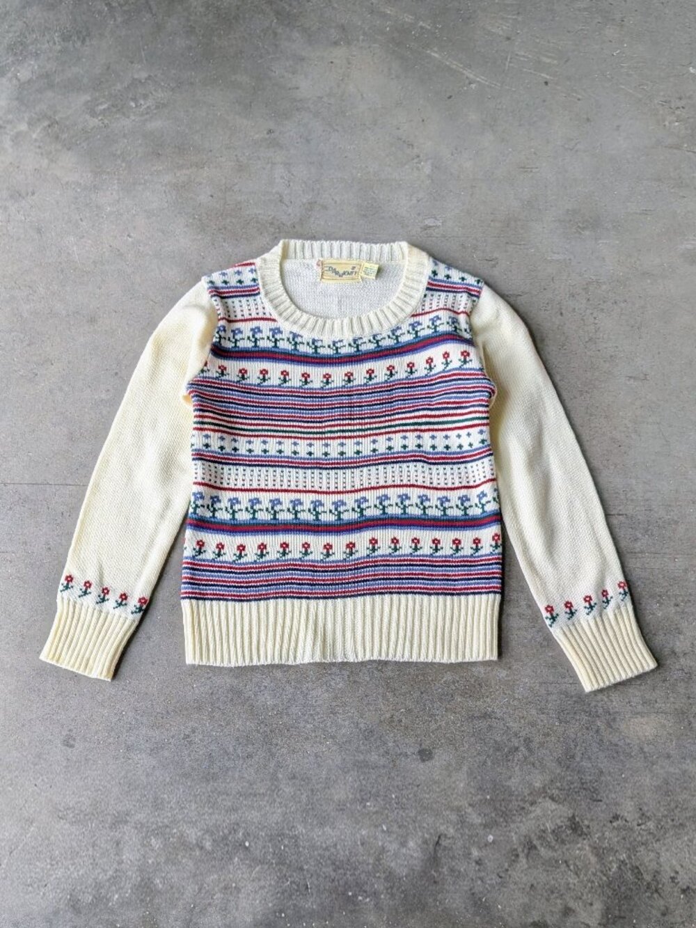 Vintage 70s Darn Knit Ivory Blue Red Floral Striped Long Sleeve Crewneck Sweater